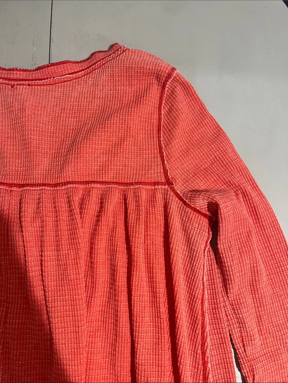 Free People Coral Waffle-Knit Long Sleeve Henley